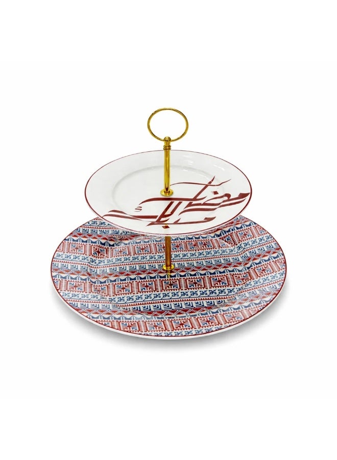 AKDC حامل كعك سيراميك لوهبار بريميوم ذو طبقتين (7.5 بوصة و 10.5 بوصة) - أبيض مع تصميم زخرفي أحمر وأزرق - Image 1